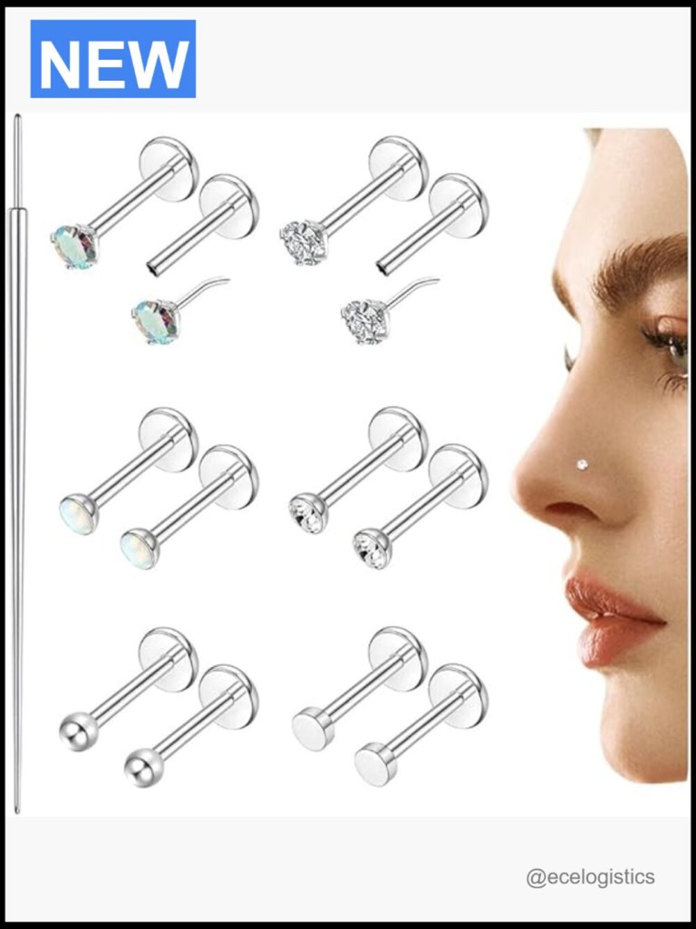 12 Pcs Surgical Steel Threadless Flat Back Earrings Studs 20G 18G 16G